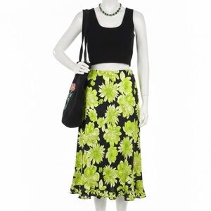 Vintage 90s Lime Green Floral Midi Skirt Ruffle Hem Whimsigoth Fairycore 8P